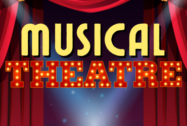 a cartoon of a stage with the curtains drawn and the words "MUSICAL THEATRE" written between the curtains in marquee-looking letters