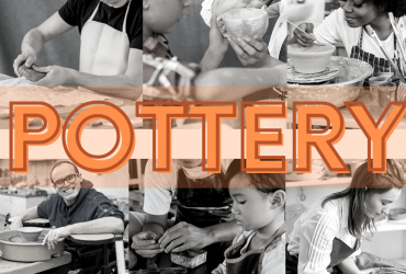a collage of various people of all ages working with pottery with the word "POTTERY" glowing overtop in orange block letters