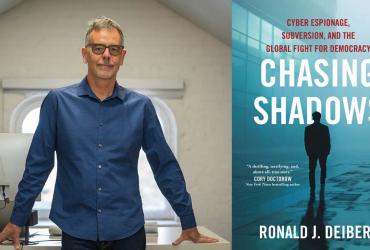 author Ronald J. Deibert next to the book cover for Chasing Shadows