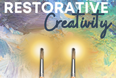 a beautiful painted background with two paintbrushes and the words "restorative creativity"  on top