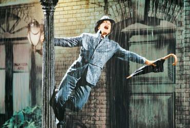 Gene Kelly singing in the rain while holding onto a lamp post