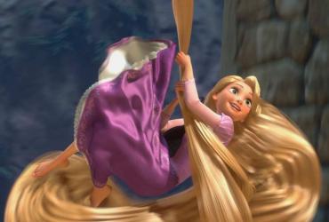 A princess swings about on her long hair.