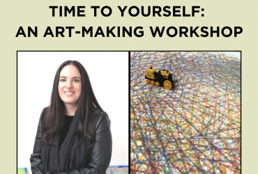 a work of rachael grad's with a toy train on top of a scribbled piece of artwork with the words "time to yourself: an art making workshop" written above it, alongside her photo