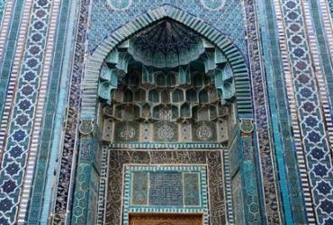 Intricate blue tiled entry way to Sheikh Zinda Mausoleum, Samarkand, Uzbekistan.