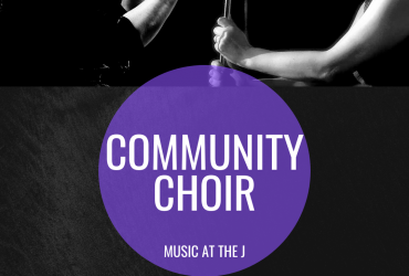 a collage of two photos of our choir conductors with the words "community choir: music at the j" written in a purple circle underneath