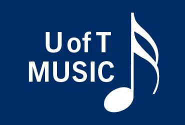 The words U of T Music and an eighth note appear in white font, centred on a dark blue square background.