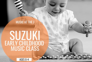 a photo of a baby with rattles in black and white with the words "music at the j suzuki early childhood music class, ages 0-4" written beside them in a large orange circle